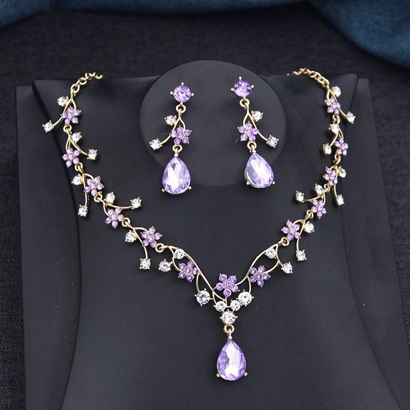 Rhinestone Water drop Flower Bridal Jewelry Sets for Women Earring and Choker Necklace Set Wedding Jewelry Sets 3 Pcs Set Gifts