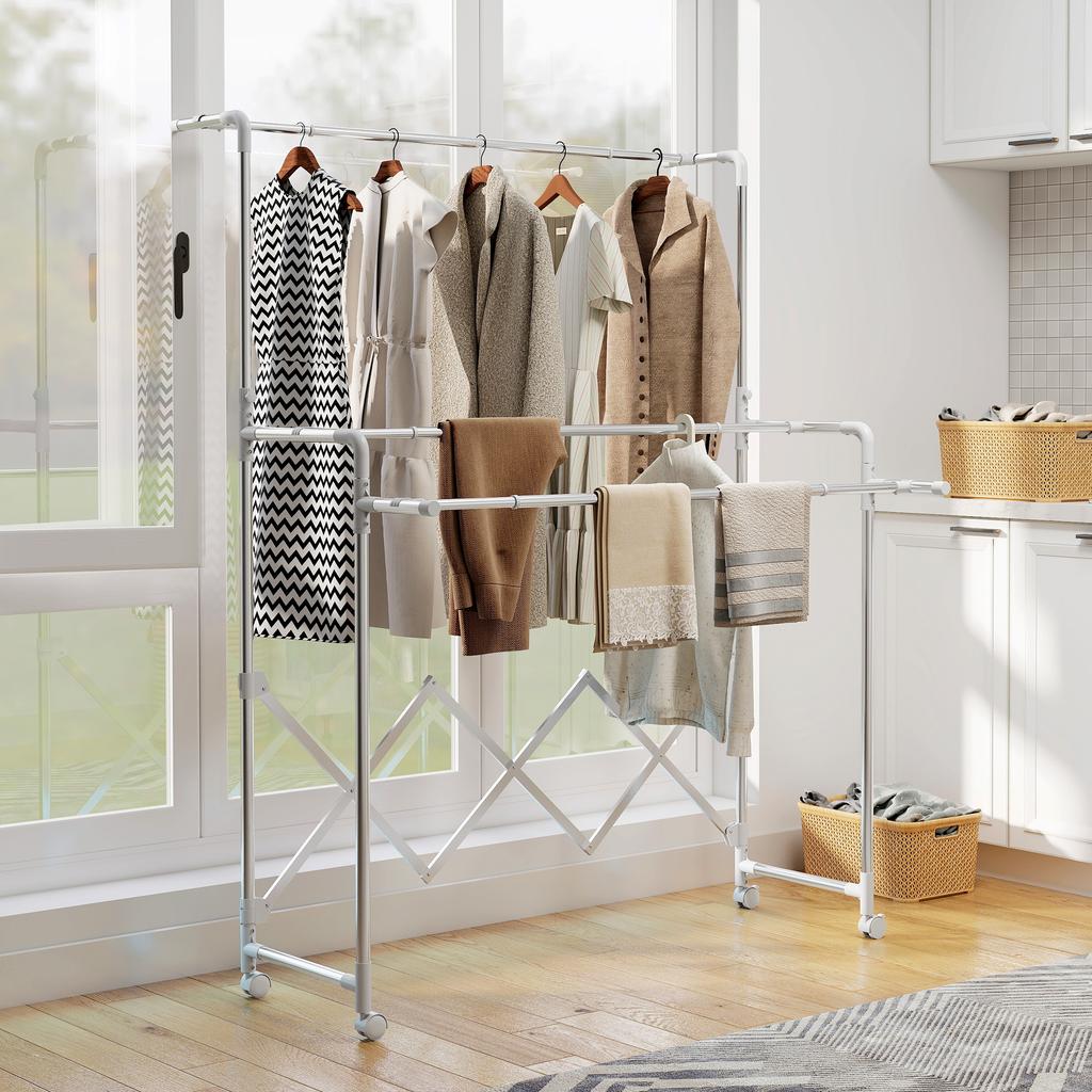 Clothes Drying Rack, Foldable Standing Dryer with 3 Adjustable Rails, Stainless Steel Tower Drying Rack on Wheels, for Indoor and Outdoor