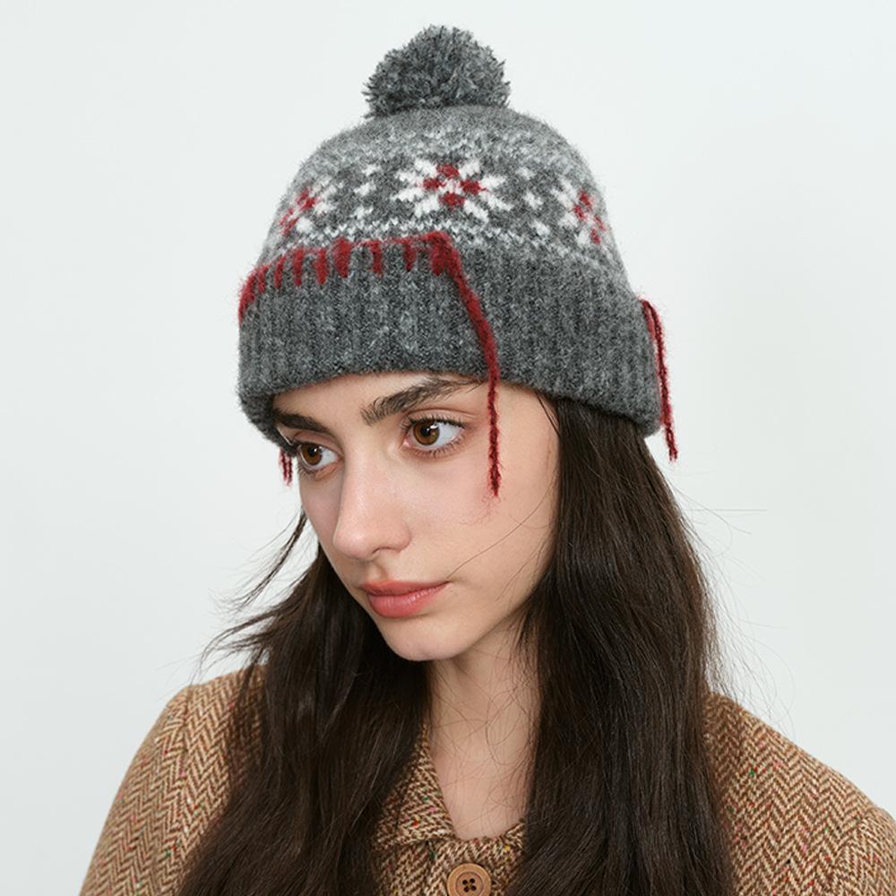 Dimanaf 2025 Winter Autumn Women Fashion Hat Floral Thick Knitted Hat New Lady Warm Thick Grey