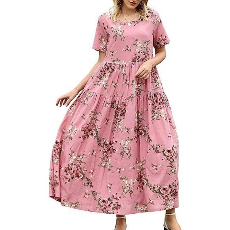 Women's Summer Beach MIDI Dress Comfortable Pleated Dress Casual Loose Floral Dress