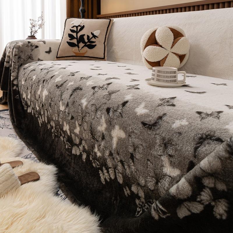 

Faux Rabbit Plush Butterfly Printed Sofa Towel Thick Soft Sofa Blanket For Autumn Winter Full Cover Dustproof Armchair Protector 180x130cm
