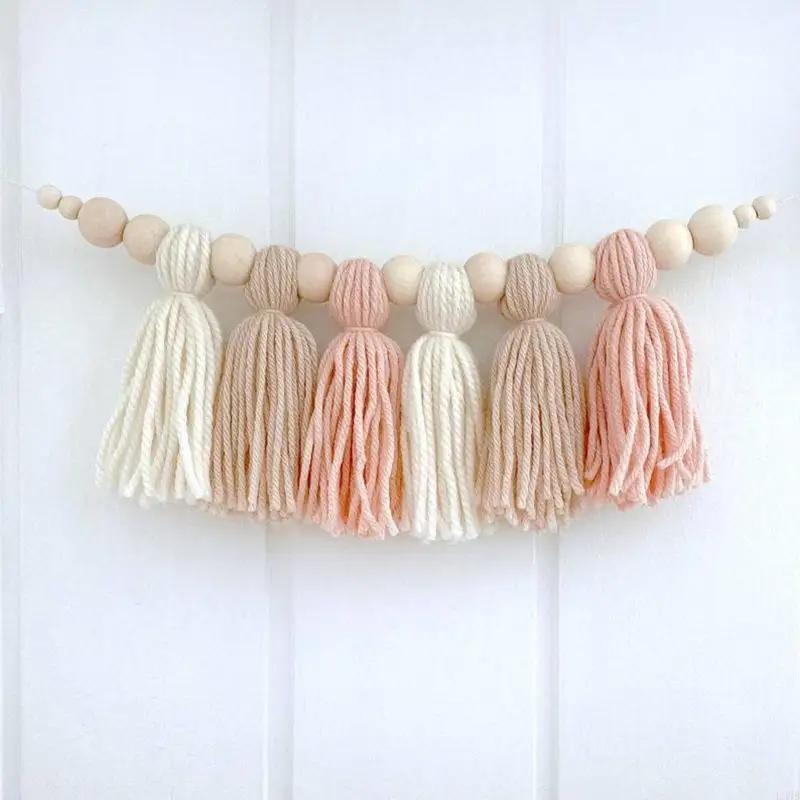 DIY Tassel Garland with Wooden Bead Party Backdrop Bohemian Home Wall Hanging Decoration for Bedroom Nursery Birthday