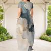 Women Plus Size Round Neck Short Sleeve Abstract Printed Loose Maxi Dress With Side Pockets