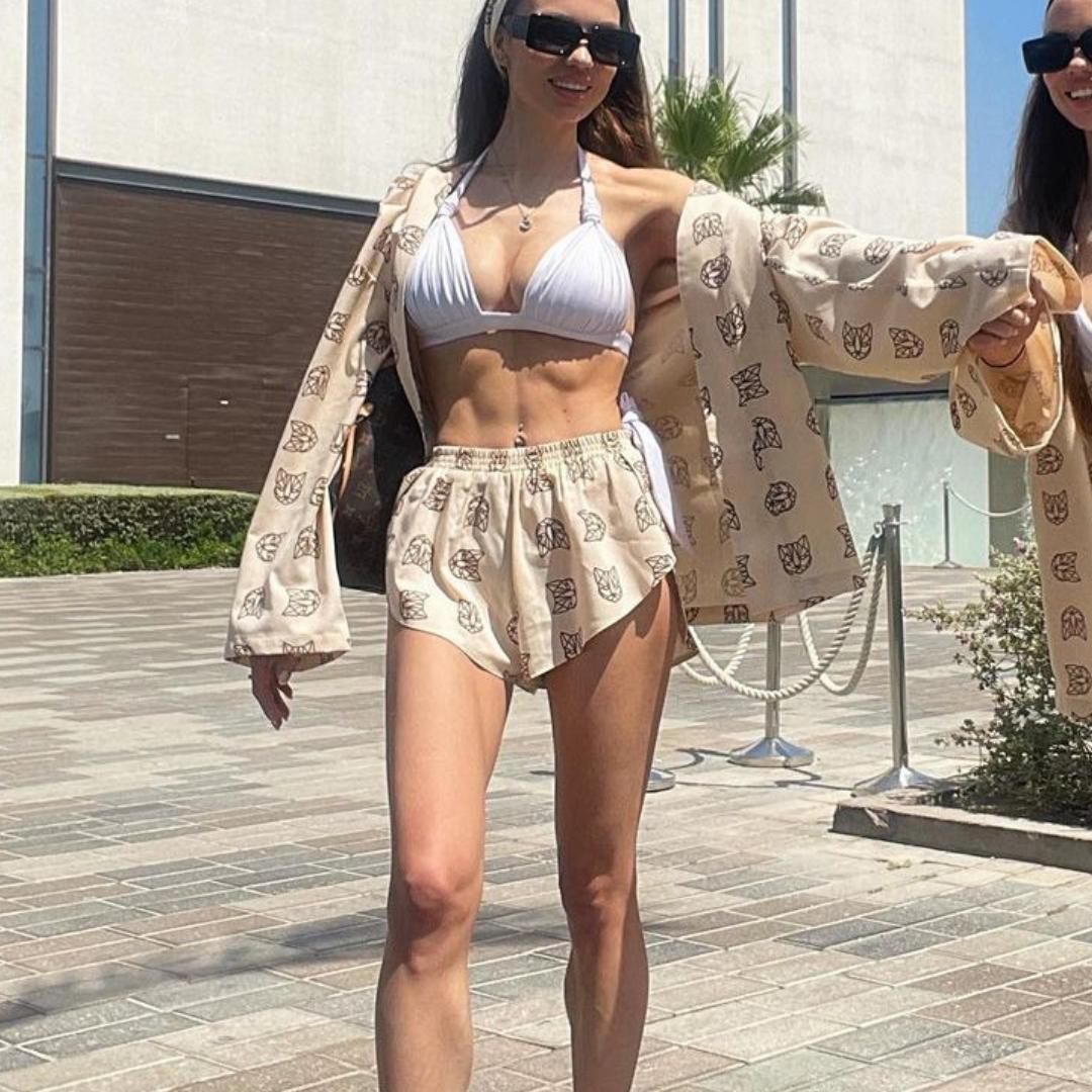 

BITCED Свободные женские повседневные пижамы с длинными рукавами и принтом на шнуровке и шорты с высокой талией XL хаки