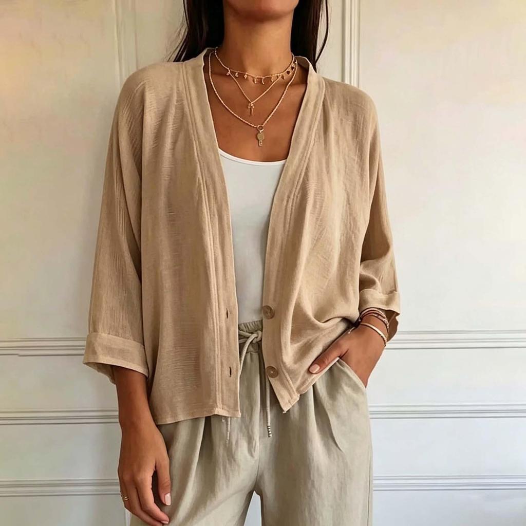 Women's Color V-Neck Long Sleeve Loose Fit Cardigan for Casual Daily Wear