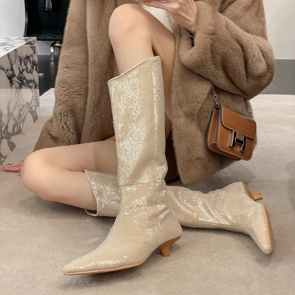Vintage pointed boots children's season premium sense sequins cat and tall boots knight boots