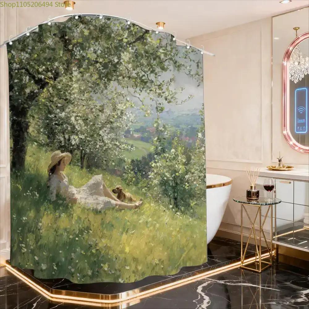 1 French Impressionist Art Bathroom Curtain | Spring Field Festival Theme, 180*180cm, Polyester, Unlined, Includes 12 Hooks, M