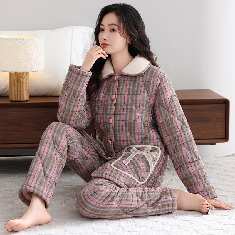 Pajamas Women'S Winter Three-Layer Thickened Woven Pure Cotton Padded Cotton Autumn And Winter Fleece Warm Coral Fleece Padded Jacket Loungewear