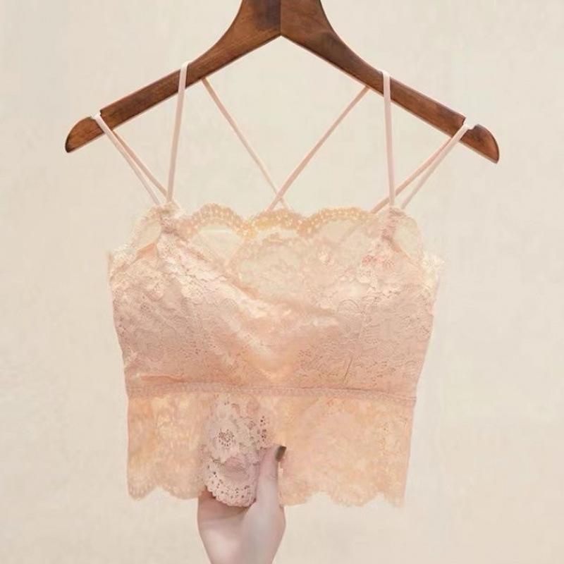 Lace Camisole Bustier Top with Strapless Back, Chest Pads, Wire-Free Push-Up, Anti-Exposure Design for Young Girls