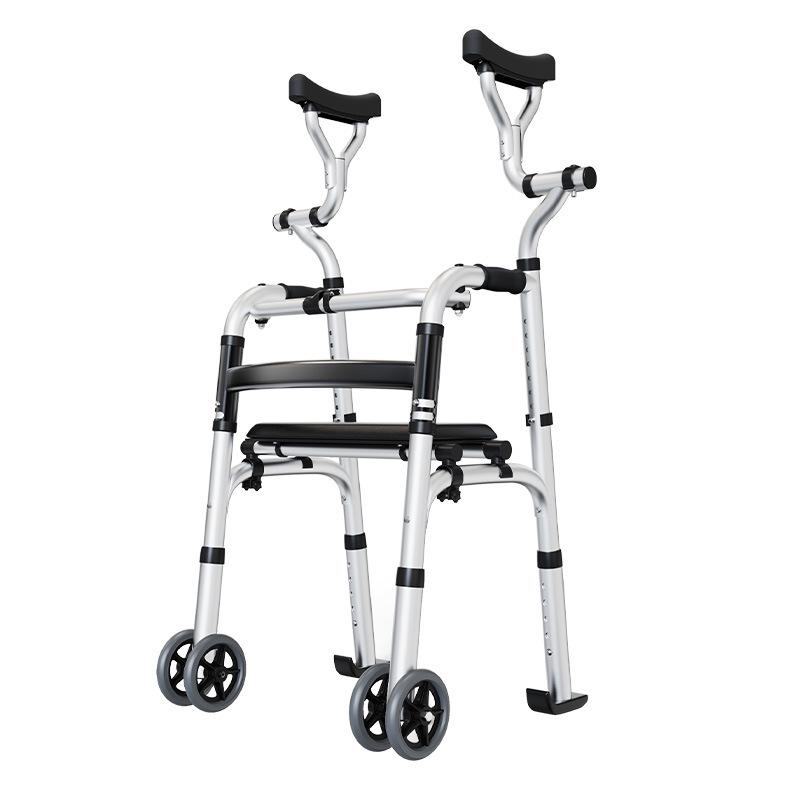 Aluminum Alloy Folding Walker with Wheels, Underarm Crutches, and Seat Cushion for Elderly Rehabilitation.