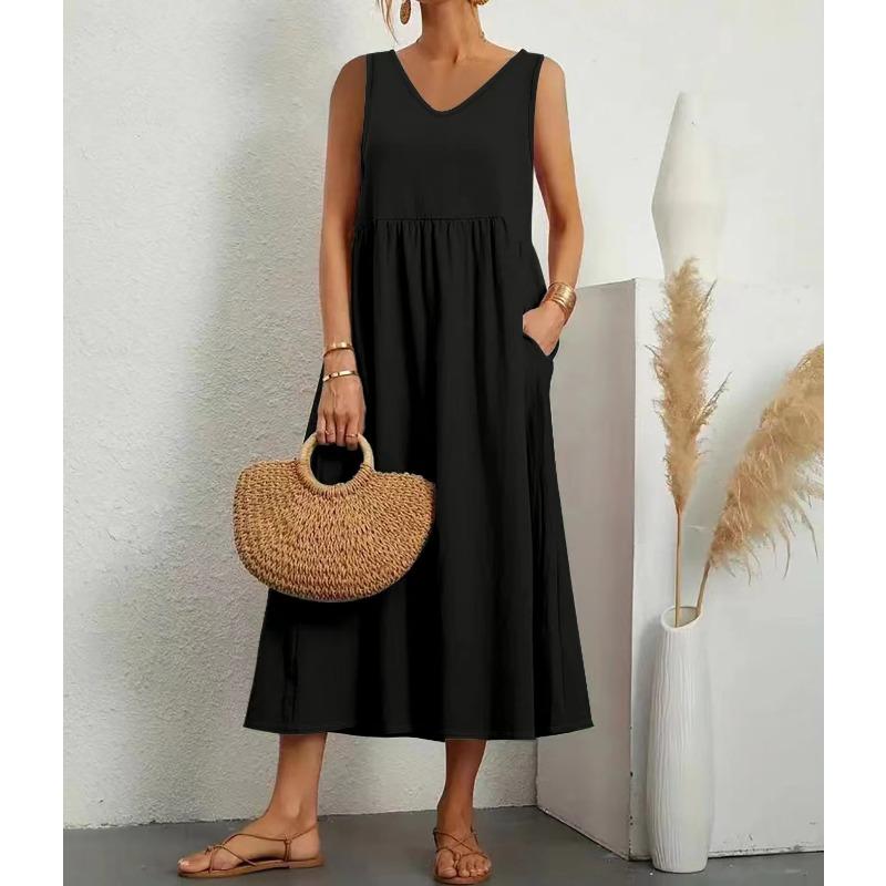 Fashionable Summer Temperament Women's Solid Color Cotton Linen Loose V-neck Dress