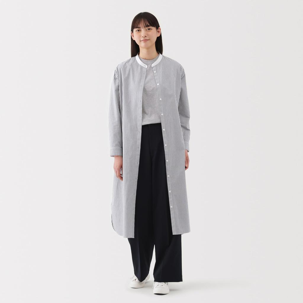MUJI Women's Washed Broad Stand Collar Long Sleeve Dress, Dark Navy Stripe, Size L, BC2LUA5S