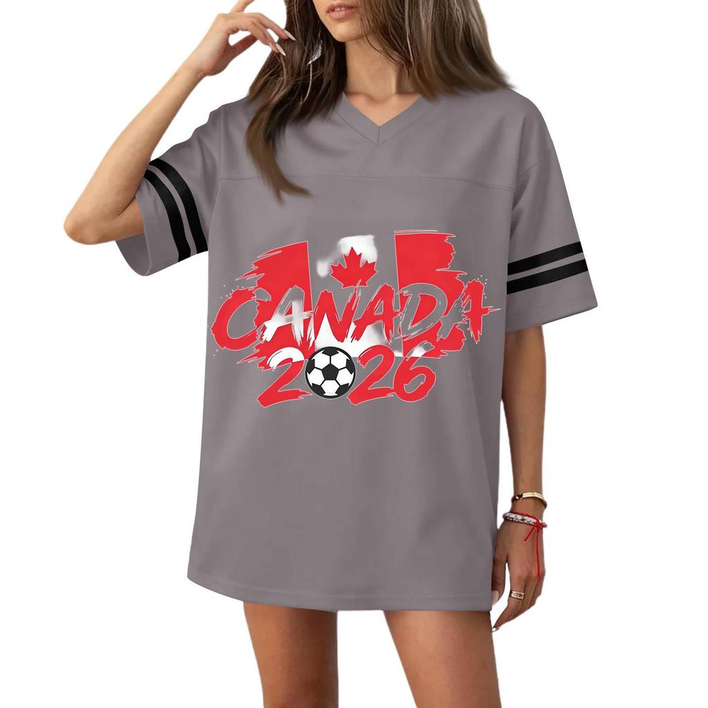 Women's Casual V Neck Short Sleeve Soccer Jersey Top with Flag Print and 2026 Graphic for Sports and