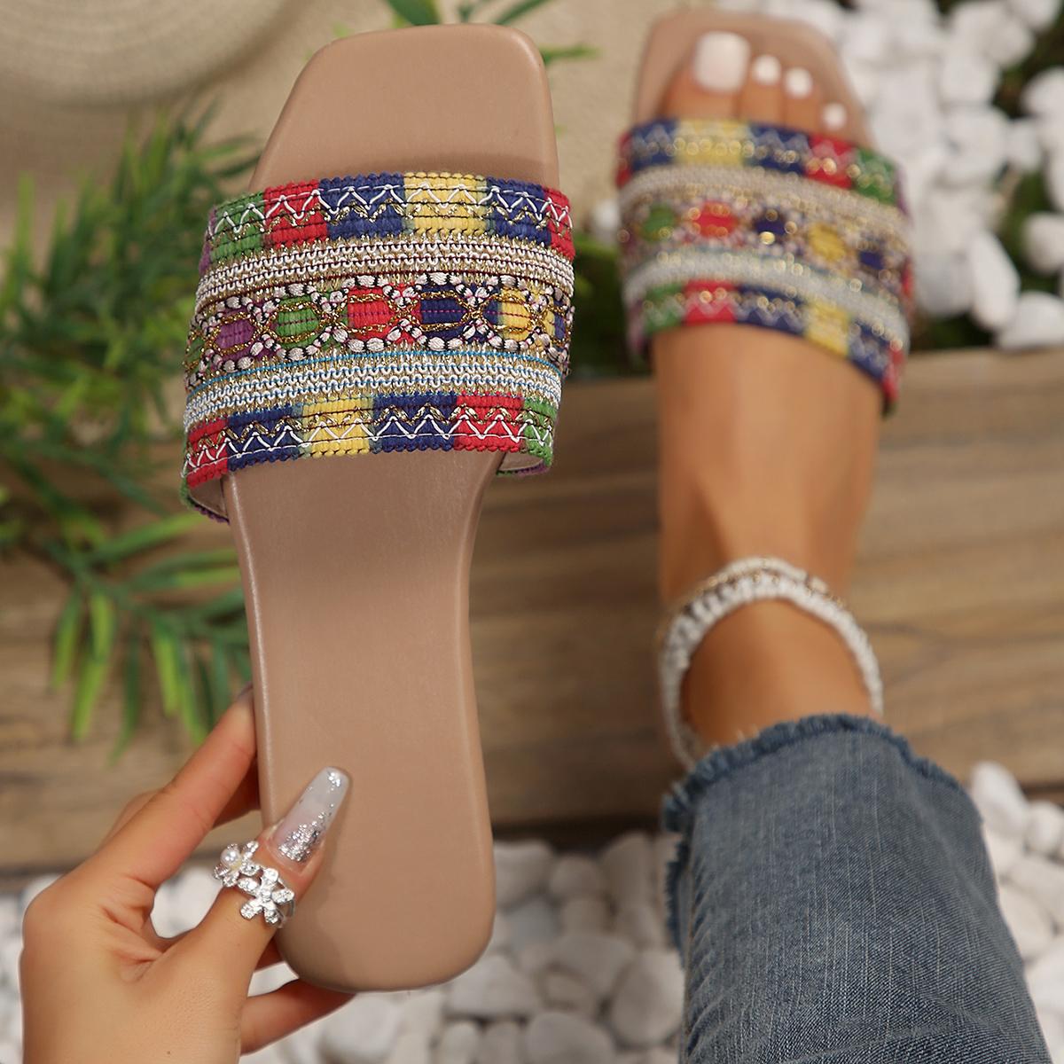 

мода Модные цветные полосатые тапочки на плоской подошве летние босоножки с окантовкой из бисера женские сандалии для отдыха нескользящие пляжные тапочки Mujer 36