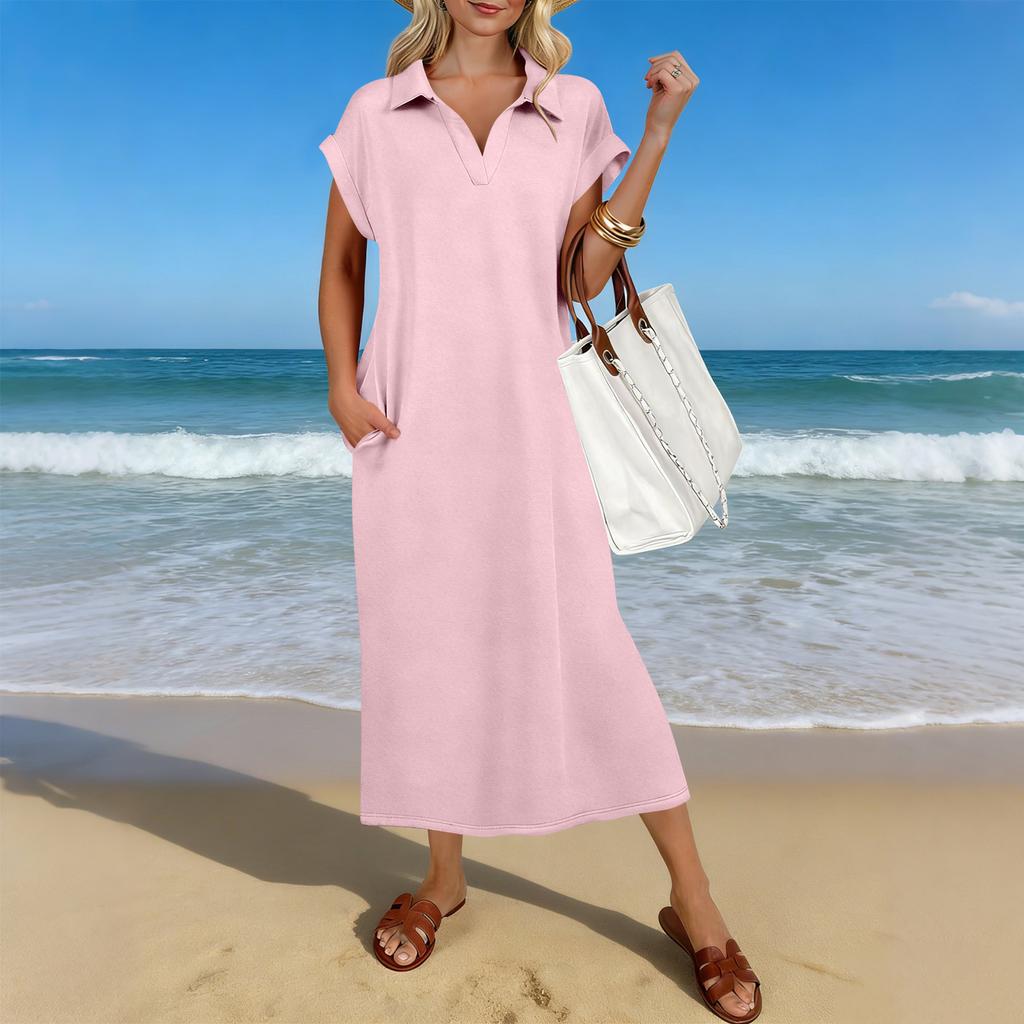 Letnia Casualowa Sukienka Midi Damska z Krótkim Rękawem i Dekoltem V, Luźny Krój, Rozcięcie na Dole, Sukienka T-Shirtowa Maxi na Plażę i do Kurortu