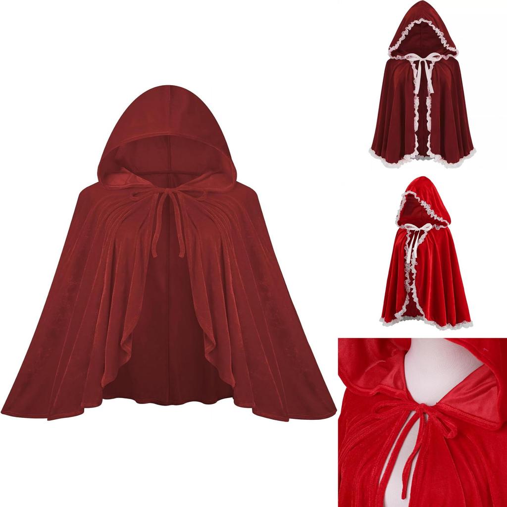 Elegante Mantello con Cappuccio in Velluto Rosso per Donna con Pizzo Arricciato e Bordi a Volant per Tutte le Stagioni
