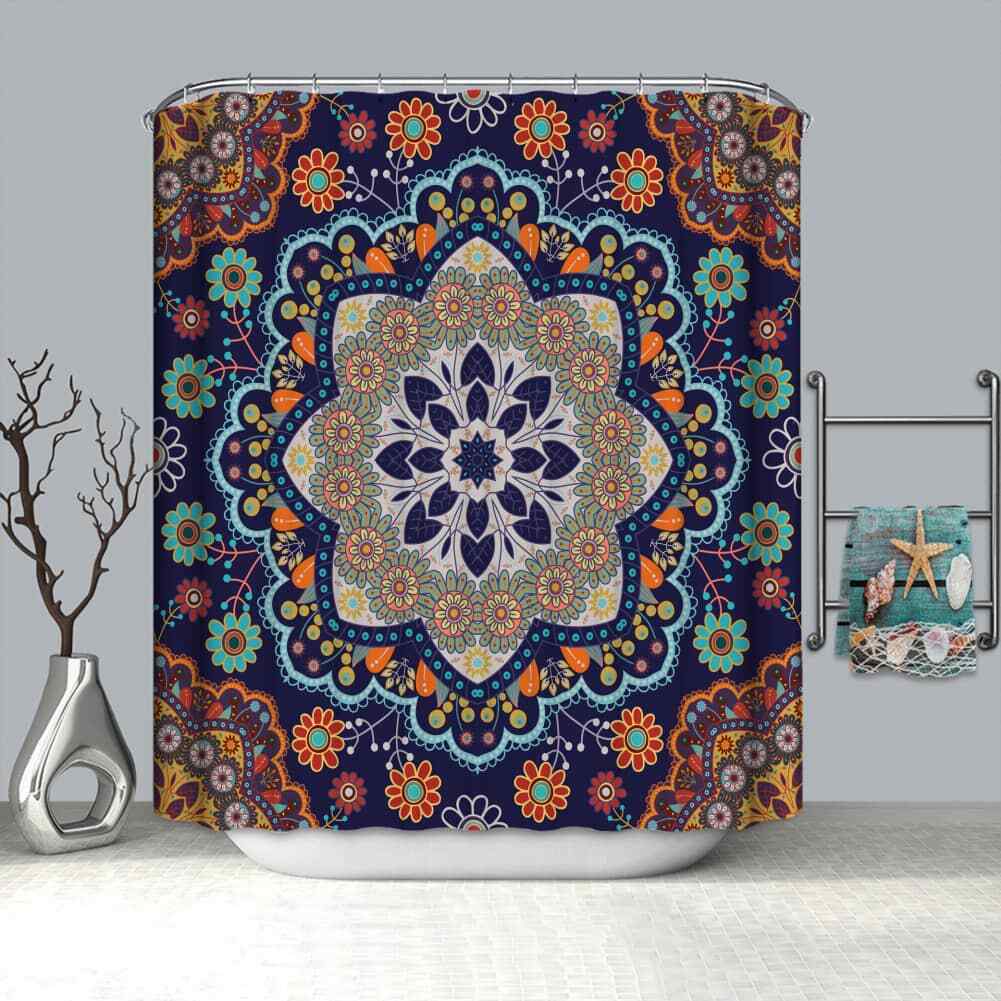 Golden Baroque Symmetrical Shower Curtain, Paisley Bohemian Tribal Ethnic Damask Ornament Luxury Design Bathroom Shower Curtain