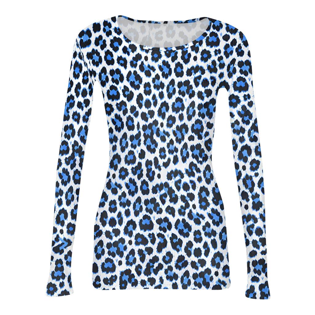 Dames Casual Luipaardprint Geribbelde Gebreide Top, Lange Mouwen, Ronde Hals