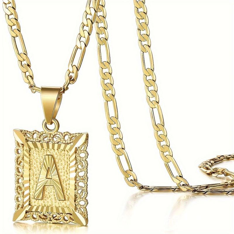 Initial Letter Pendant Necklace for Men Women 14K Gold Plated Square Necklace 26 Letters Long Chain Necklace GZW