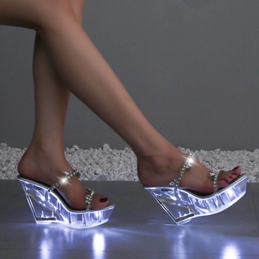 Light Up Glowing Shoes Woman LED Luminous Clear Sandals Summer Petal Platform High Heel Transparent Club Party Round Heels Shoes
