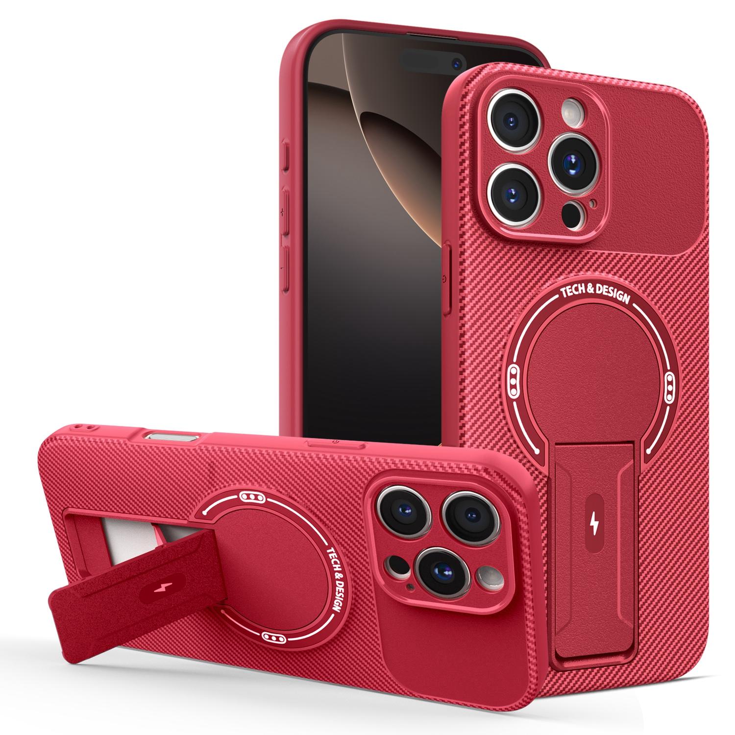

For iPhone 16 Pro Max Case with Kickstand Carbon Fiber Texture PC+TPU Phone Cover Red