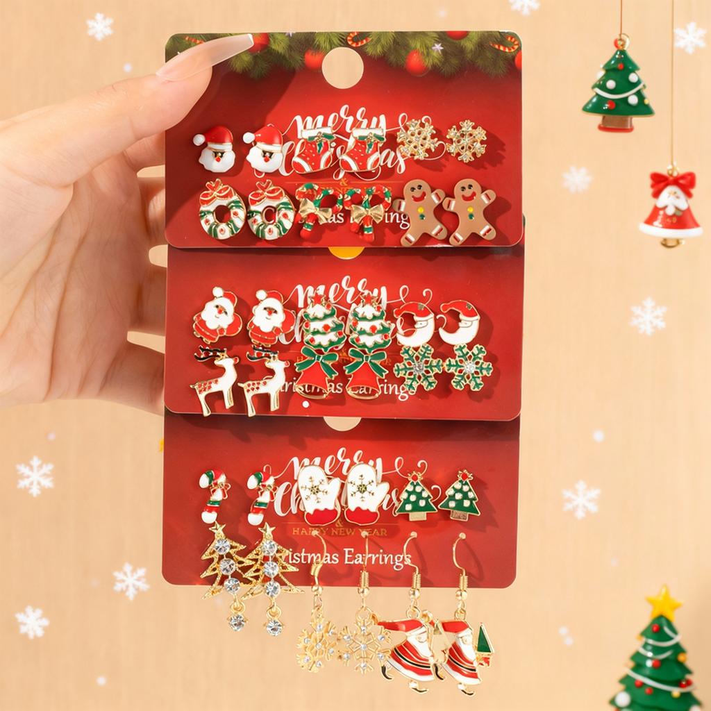 Cute Christmas Gingerbread Snowflake Earrings Set for Women 12 pcs Santa Claus Christmas Tree Bell Earrings New Year Jewelry
