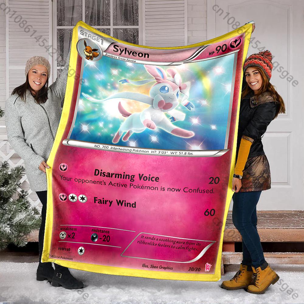 Cartoon Pokemon Cards Sylveon Printed Blanket Flannel Fluffy Soft Blanket for Adult Kids Plush Sofa Home Car Camping for Gifts