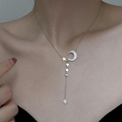 925 Sterling Silver Long Chain Star Moon Charm Necklace Pendant Women Girls Wedding Korean Jewelry Accessories Dz901