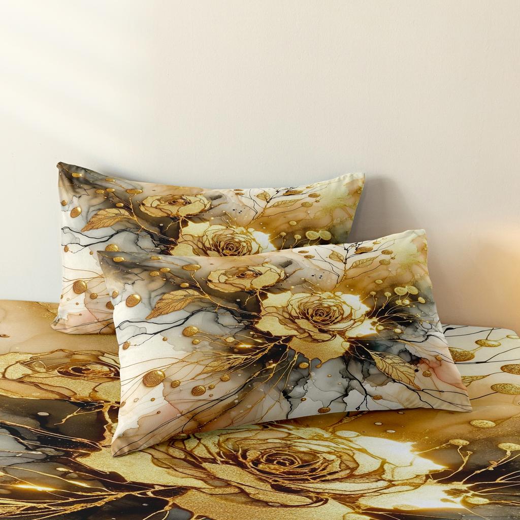 3Pcs Golden Rose Bedding Set, Gold Marble Floral Print Duvet Cover Set, For Family Bedrooms Dormitories Hotels,