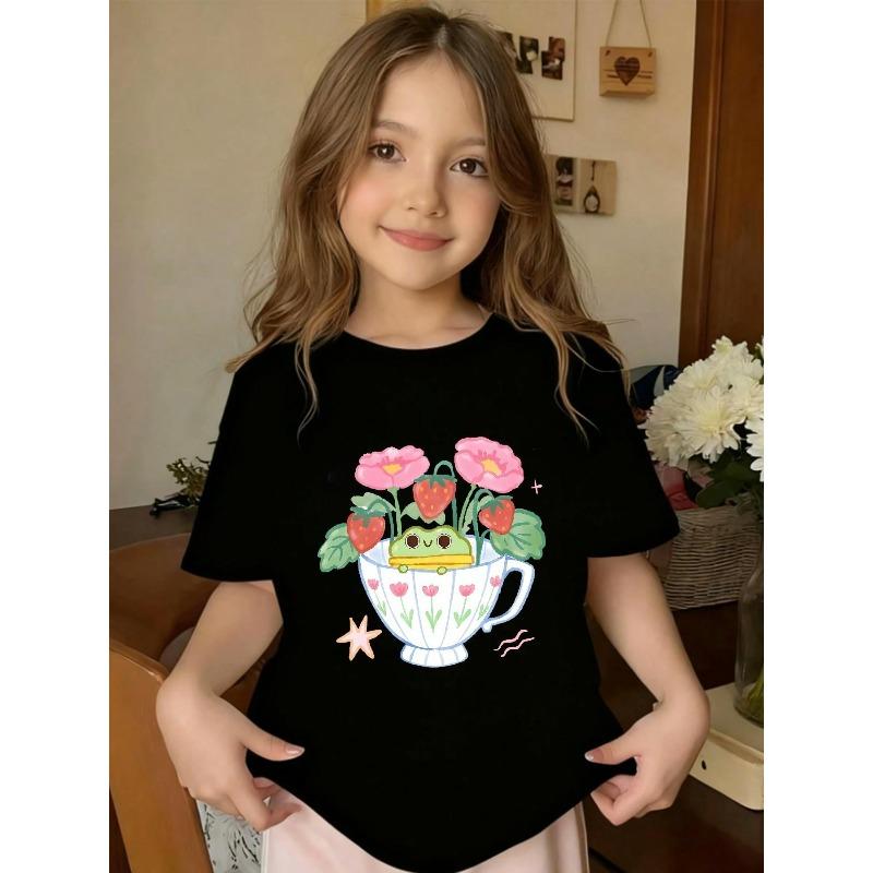 European sizes A 'S Short-Sleeve Crew-Neck T-Shirt Featuring a Small Frog Design in a Vase, Perfect for Casual Outings Or Daily Use