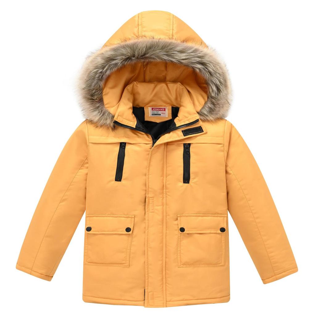 Middle and Big Children's Cotton Jacket Solid Color Thickened Warm Rushing Jacket Boys and Girls Hair Collar Removable Hooded Jacket