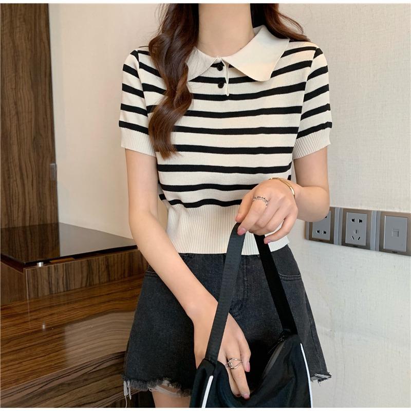 Çok Yönlü Kısa Üstler Kadın Retro Renk Bloklu Çizgili Beli Oturan Örgü Giyim Tide Günlük Yazlık Temel Konfor ve Stil Slim Fit Kazaklar Tişörtler