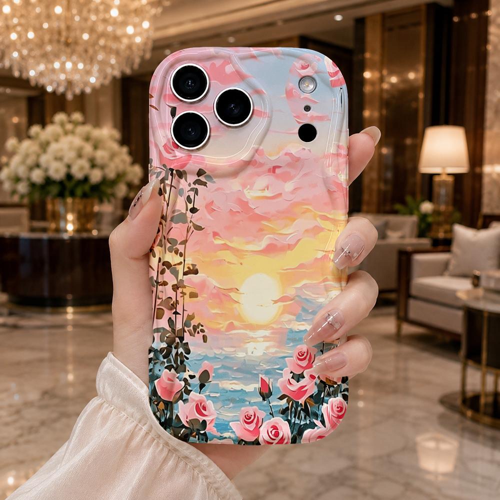 Watercolor Sunset Ocean Rose Wavy Edge Phone Case For iPhone 17 16 15 14 13 12 11 8 7 Plus Pro Max Scenic Soft Back Cover