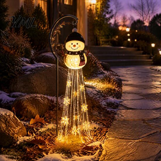 Decorative Resin Snowman Ground Stakes Solar Garden Stake Light, Flowing Waterfall LED Fairy Light with Festive Winter Courtyard Decor Star Snowflake,