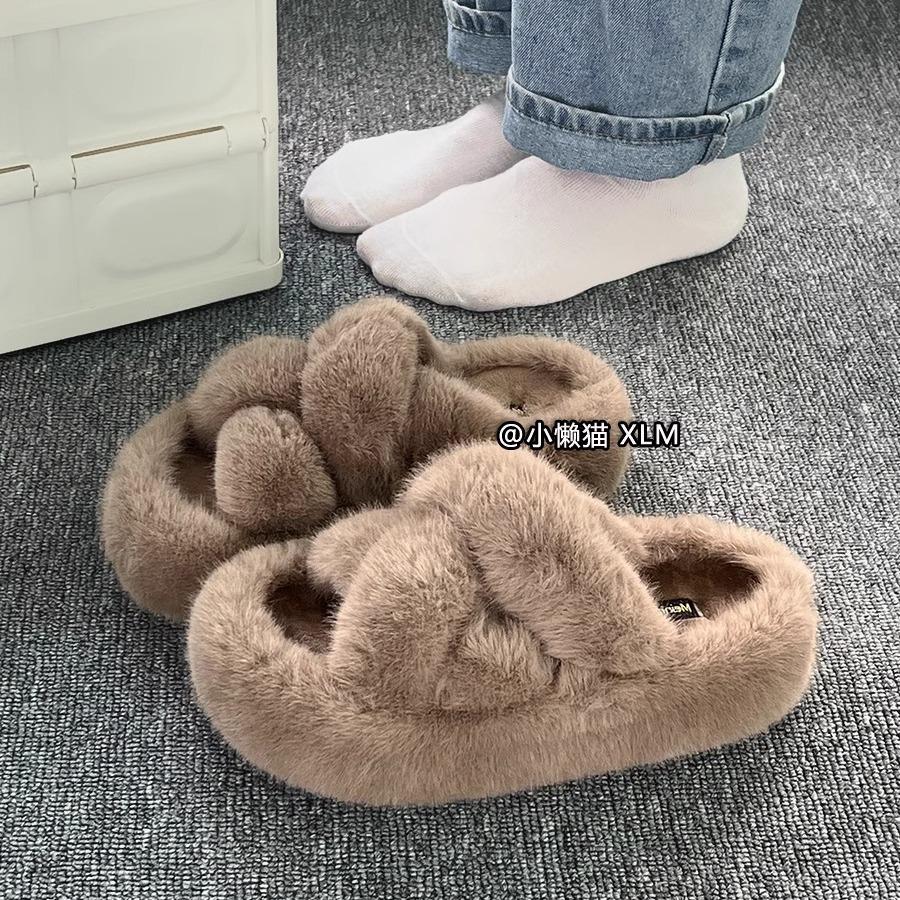 Mao Mao Hausschuhe Damenbekleidung 2025 Herbst und Winter neu dicksohlige Plüschwollschuhe Internet-Berühmtheit vielseitiger ausländischer Stil Zuhause Baumwollmopp