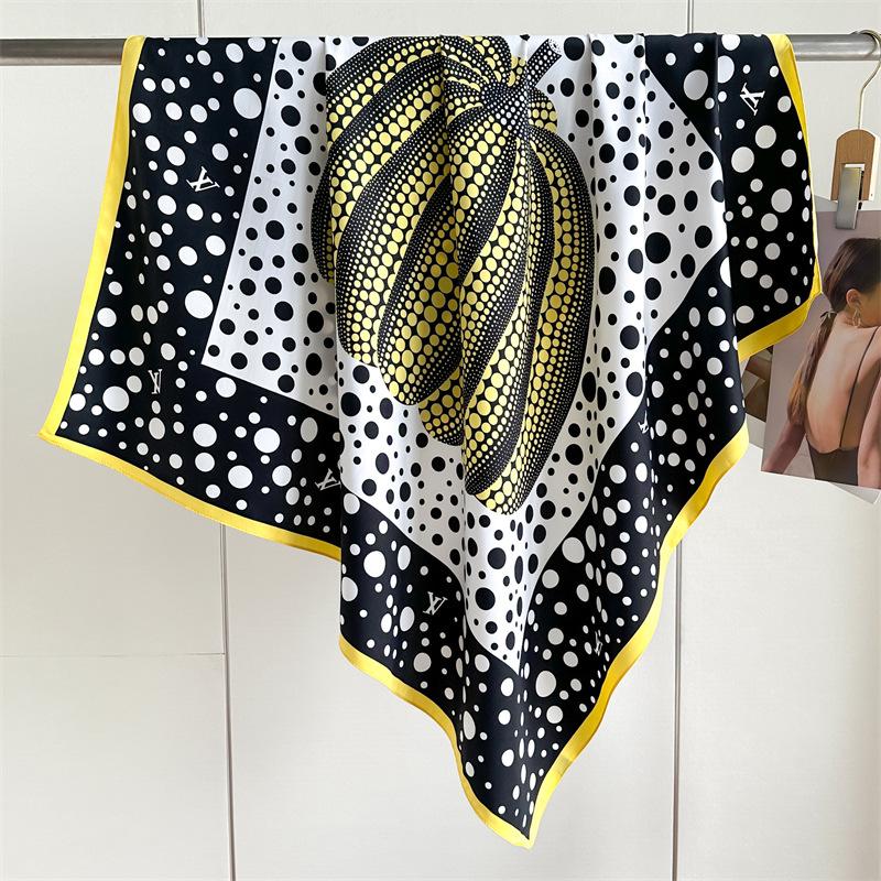 Headscarf Printed Twill Silk Large Square Scarf Small Fragrant Silk Scarf Women'S Anti-Sun Scarf Decorative Scarf Shawl 90Cm