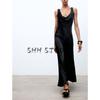 Summer Women's Clothing A- Line Asymmetric Hem Draped V Neck Silk Satin Texture Sling Dress 2590934
