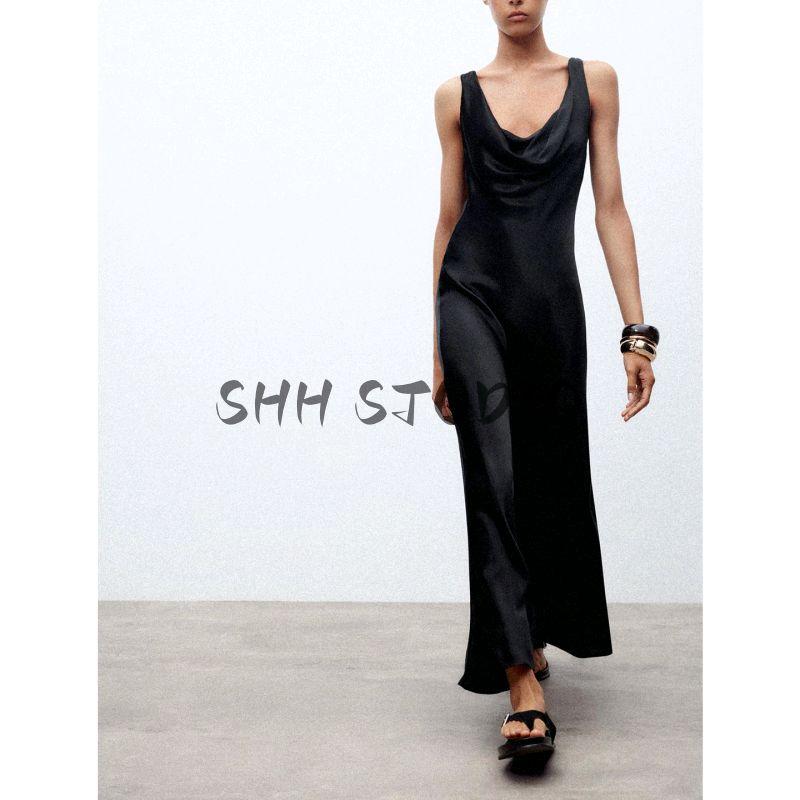 Summer Women's Clothing A- Line Asymmetric Hem Draped V Neck Silk Satin Texture Sling Dress 2590934