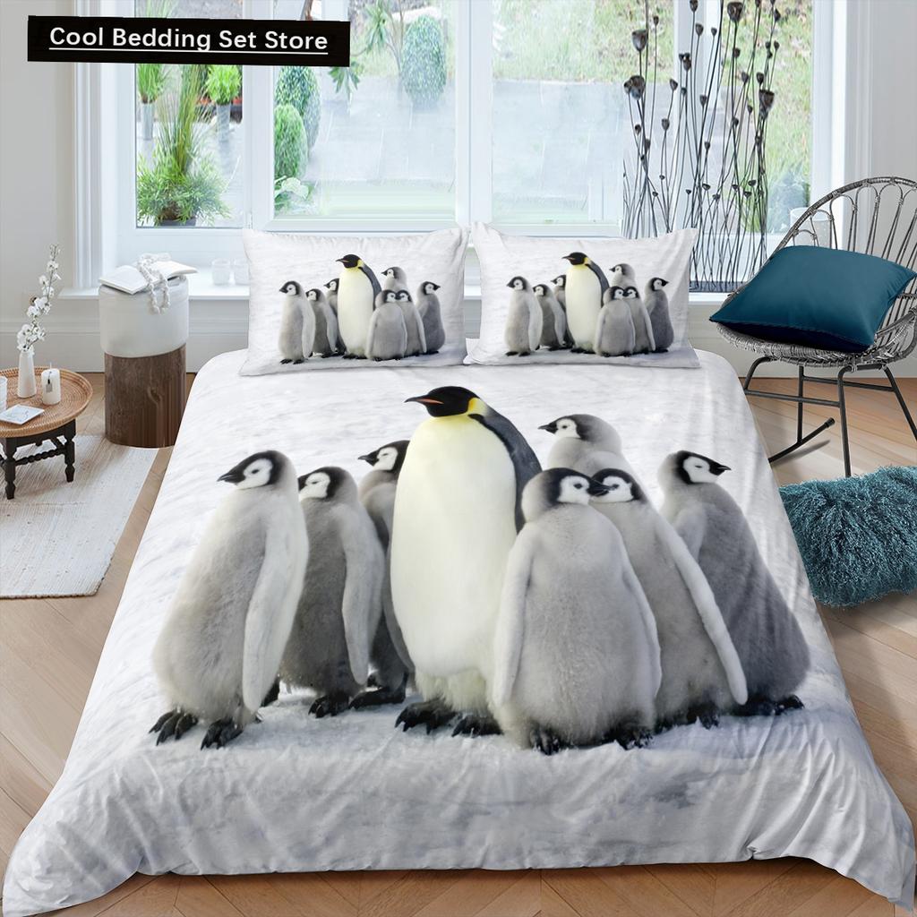 Penguin King Queen Duvet Cover Lovely Black White Antarctic Animals Bedding Set for Kids Wildlife 2/3pcs Polyester Quilt Cover