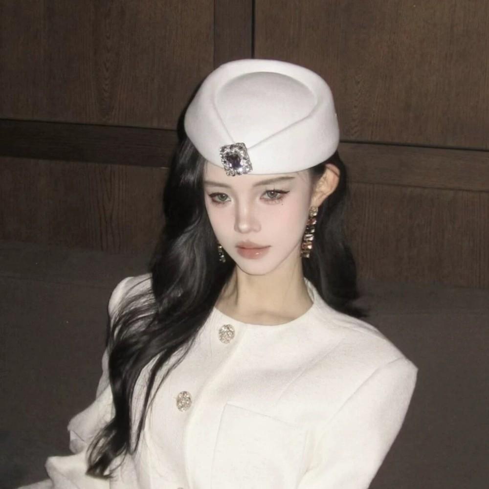Flat-top Wool Beret Hat Rhinestone Flight Attendant Hat Fashion Topper Hat  Cocktail Party