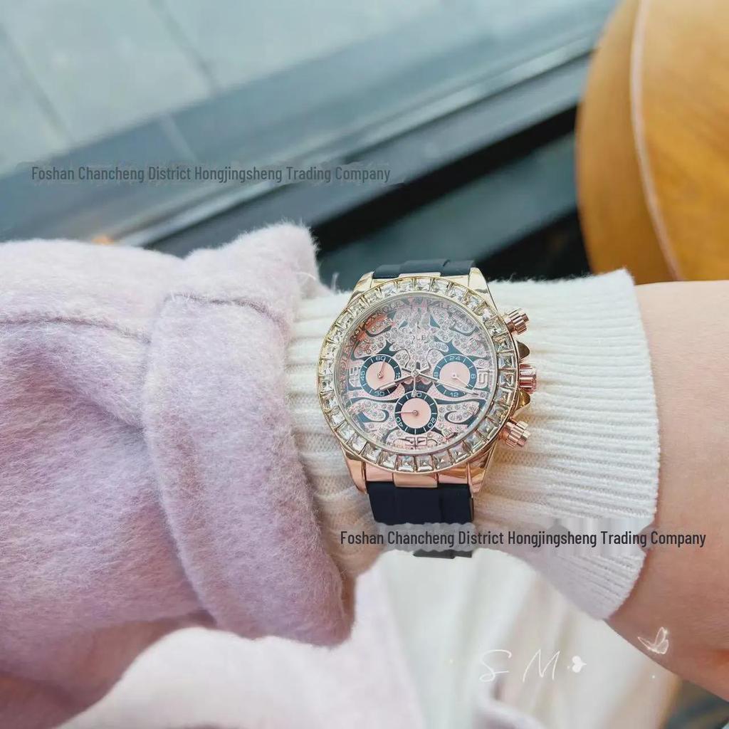 Dreiaugen Sechszeiger Multifunktionale Roségoldene Modeuhr mit Diamantzifferblatt