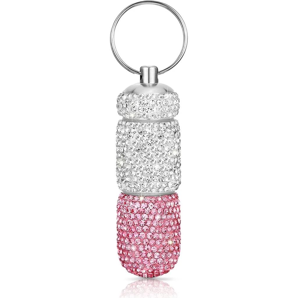 Bling Keychain Pill Box 2 Compartments Small Travel Pill Case Organizer Crystal Diamond Medicine Bottle Pill Bottle Keychain