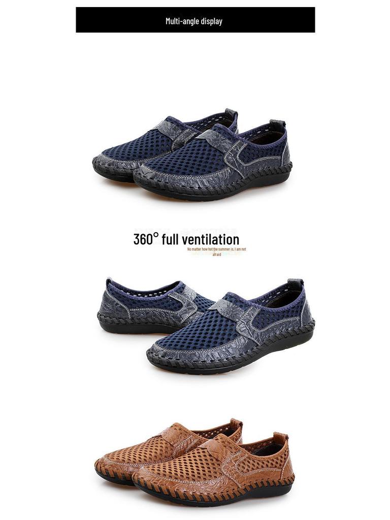 Men's Large Size Summer Breathable Mesh Shoes - Genuine Leather Crocodile Pattern