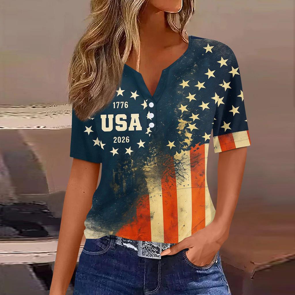 Damen-T-Shirt mit Aufdruck „Unabhängigkeitstag“ und Knopfleiste, kurzärmelig, für den Alltag und das Wochenende, modisch, Basic, V-Ausschnitt, normales Oberteil