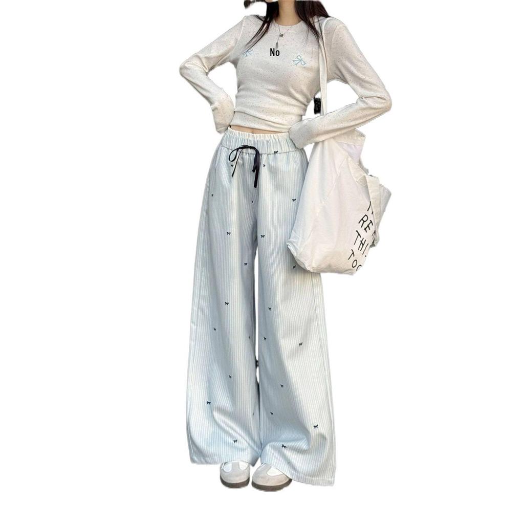Korean Blue Striped Wide-Leg Women's Pants - Spring/Summer 2026 New Design Long Casual Pants