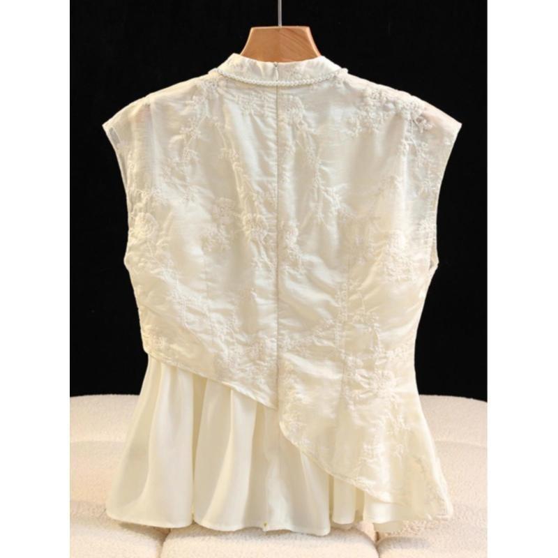 Diagonaler Cheongsam mit Schnallen Sommer Retro Luxusdruck Stehkragen ärmelloses Oberteil Hemd Damen