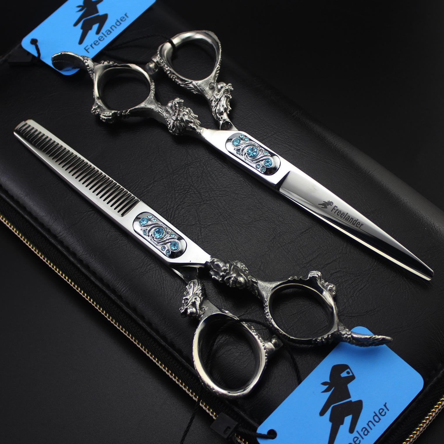 6.0 Inch Big Dragon Handle Hair Cutting Shears with Blue Square Gemstone, Includes Bag Big Dragon Handle Straight Scissors