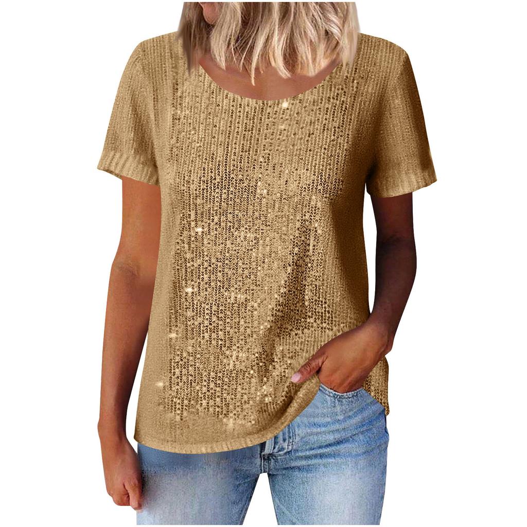 Women Multi Color Round Neck Short Sleeve Glitter Sparkle Casual Top