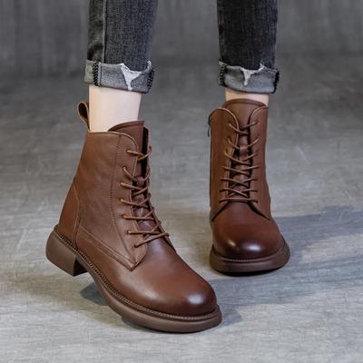 Enuine Leather Shoes Women Boots Zip Fashionable Retro Flat Bottomed Boots for Women, Soft Soled Midsole Boots, High Top Women's Boots