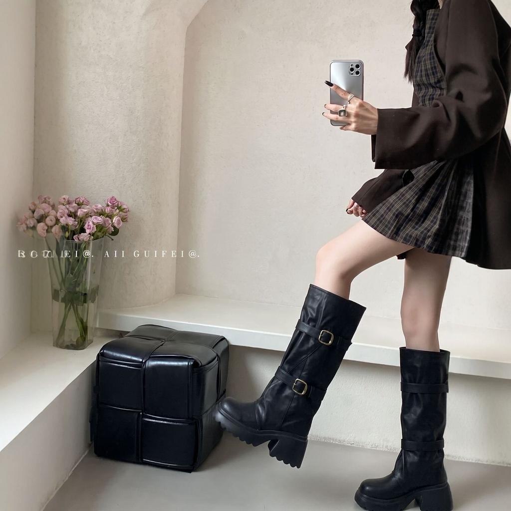 Autumn and winter new retro western cowboy boots women's thick-soled thick heel belt buckle high knight boots slim long boots